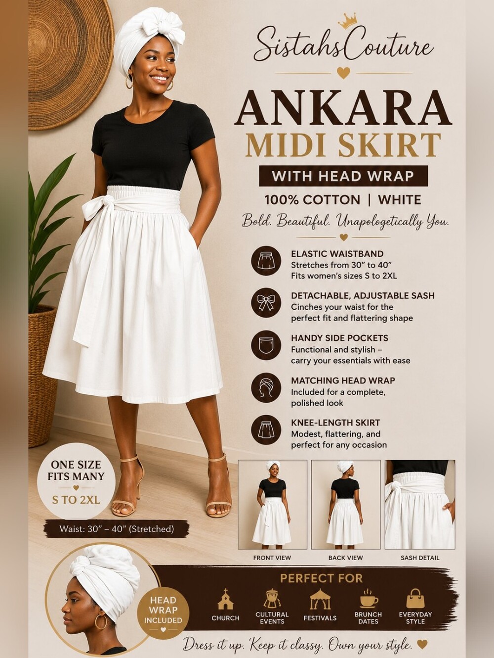 Ankara |  Midi Skirt w/ Head Wrap | 100% Cotton | White | One Size S–2XL